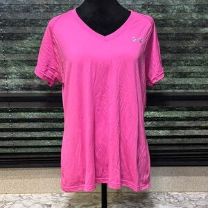 Under Armour‎ Women's Bright Pink Tech headgear SS V Neck Semi Fitted SZ Large
